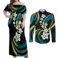 Hawaii Plumeria Couples Matching Off Shoulder Maxi Dress and Long Sleeve Button Shirt Chartreuse Cyan Polynesian Pattern LT01 Cyan - Polynesian Pride