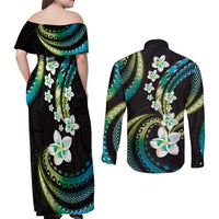 Hawaii Plumeria Couples Matching Off Shoulder Maxi Dress and Long Sleeve Button Shirt Chartreuse Cyan Polynesian Pattern LT01 - Polynesian Pride