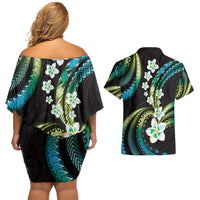 Hawaii Plumeria Couples Matching Off Shoulder Short Dress and Hawaiian Shirt Chartreuse Cyan Polynesian Pattern LT01 - Polynesian Pride