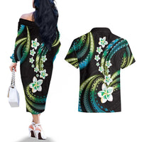 Hawaii Plumeria Couples Matching Off The Shoulder Long Sleeve Dress and Hawaiian Shirt Chartreuse Cyan Polynesian Pattern LT01 - Polynesian Pride