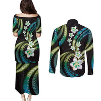 Hawaii Plumeria Couples Matching Puletasi and Long Sleeve Button Shirt Chartreuse Cyan Polynesian Pattern LT01 - Polynesian Pride