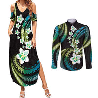 Hawaii Plumeria Couples Matching Summer Maxi Dress and Long Sleeve Button Shirt Chartreuse Cyan Polynesian Pattern LT01 Cyan - Polynesian Pride