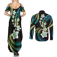 Hawaii Plumeria Couples Matching Summer Maxi Dress and Long Sleeve Button Shirt Chartreuse Cyan Polynesian Pattern LT01 - Polynesian Pride