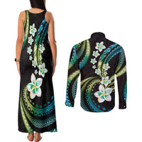Hawaii Plumeria Couples Matching Tank Maxi Dress and Long Sleeve Button Shirt Chartreuse Cyan Polynesian Pattern LT01 - Polynesian Pride