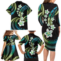 Hawaii Plumeria Family Matching Long Sleeve Bodycon Dress and Hawaiian Shirt Chartreuse Cyan Polynesian Pattern