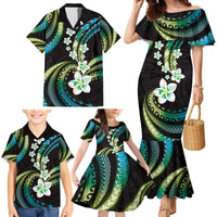 Hawaii Plumeria Family Matching Mermaid Dress and Hawaiian Shirt Chartreuse Cyan Polynesian Pattern
