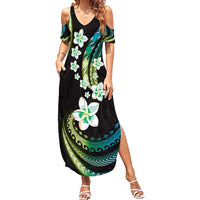 Hawaii Plumeria Family Matching Summer Maxi Dress and Hawaiian Shirt Chartreuse Cyan Polynesian Pattern