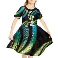 Hawaii Plumeria Kid Short Sleeve Dress Chartreuse Cyan Polynesian Pattern LT01 - Polynesian Pride
