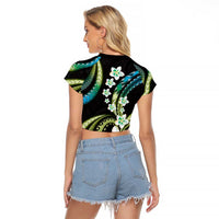 Hawaii Plumeria Raglan Cropped T Shirt Chartreuse Cyan Polynesian Pattern LT01 - Polynesian Pride