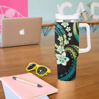 Hawaii Plumeria Tumbler With Handle Chartreuse Cyan Polynesian Pattern
