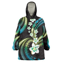 Hawaii Plumeria Wearable Blanket Hoodie Chartreuse Cyan Polynesian Pattern LT01 One Size Cyan - Polynesian Pride