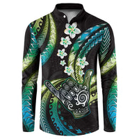 Hawaii Shaka Sign Button Sweatshirt Fantastic Frangipani Chartreuse Cyan LT01 Cyan - Polynesian Pride