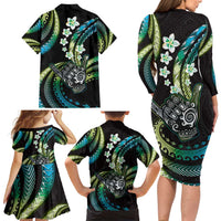 Hawaii Shaka Sign Family Matching Long Sleeve Bodycon Dress and Hawaiian Shirt Fantastic Frangipani Chartreuse Cyan