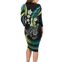 Hawaii Shaka Sign Family Matching Long Sleeve Bodycon Dress and Hawaiian Shirt Fantastic Frangipani Chartreuse Cyan