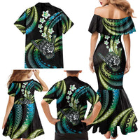 Hawaii Shaka Sign Family Matching Mermaid Dress and Hawaiian Shirt Fantastic Frangipani Chartreuse Cyan