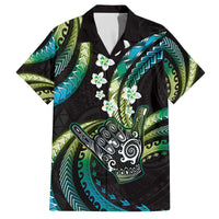 Hawaii Shaka Sign Family Matching Off The Shoulder Long Sleeve Dress and Hawaiian Shirt Fantastic Frangipani Chartreuse Cyan