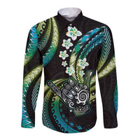 Hawaii Shaka Sign Long Sleeve Button Shirt Fantastic Frangipani Chartreuse Cyan LT01 Unisex Cyan - Polynesian Pride