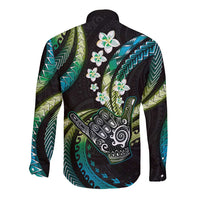Hawaii Shaka Sign Long Sleeve Button Shirt Fantastic Frangipani Chartreuse Cyan LT01 - Polynesian Pride