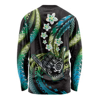 Hawaii Shaka Sign Long Sleeve Shirt Fantastic Frangipani Chartreuse Cyan LT01 - Polynesian Pride