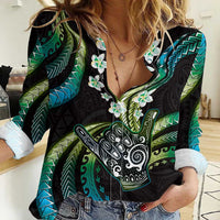 Hawaii Shaka Sign Women Casual Shirt Fantastic Frangipani Chartreuse Cyan