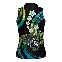 Hawaii Shaka Sign Women Sleeveless Polo Shirt Fantastic Frangipani Chartreuse Cyan