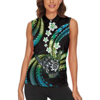 Hawaii Shaka Sign Women Sleeveless Polo Shirt Fantastic Frangipani Chartreuse Cyan