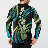 Hawaiian Ukulele Button Sweatshirt Chartreuse Cyan Fantastic Plumeria