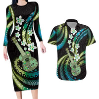 Hawaiian Ukulele Couples Matching Long Sleeve Bodycon Dress and Hawaiian Shirt Chartreuse Cyan Fantastic Plumeria