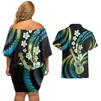 Hawaiian Ukulele Couples Matching Off Shoulder Short Dress and Hawaiian Shirt Chartreuse Cyan Fantastic Plumeria