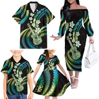 Hawaiian Ukulele Family Matching Off The Shoulder Long Sleeve Dress and Hawaiian Shirt Chartreuse Cyan Fantastic Plumeria