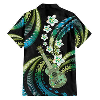 Hawaiian Ukulele Family Matching Short Sleeve Bodycon Dress and Hawaiian Shirt Chartreuse Cyan Fantastic Plumeria