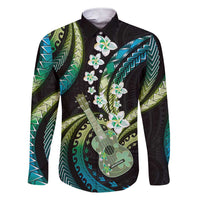 Hawaiian Ukulele Family Matching Short Sleeve Bodycon Dress and Hawaiian Shirt Chartreuse Cyan Fantastic Plumeria