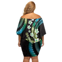 Hawaiian Ukulele Off Shoulder Short Dress Chartreuse Cyan Fantastic Plumeria