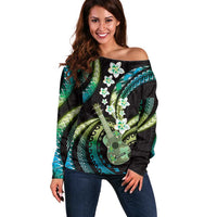 Hawaiian Ukulele Off Shoulder Sweater Chartreuse Cyan Fantastic Plumeria