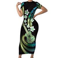 Hawaiian Ukulele Short Sleeve Bodycon Dress Chartreuse Cyan Fantastic Plumeria