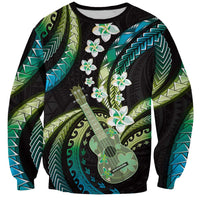 Hawaiian Ukulele Sweatshirt Chartreuse Cyan Fantastic Plumeria LT01 Unisex Cyan - Polynesian Pride