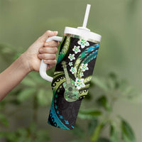 Hawaiian Ukulele Tumbler With Handle Chartreuse Cyan Fantastic Plumeria