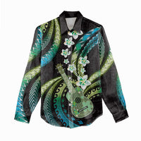 Hawaiian Ukulele Women Casual Shirt Chartreuse Cyan Fantastic Plumeria