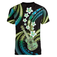 Hawaiian Ukulele Women V-Neck T-Shirt Chartreuse Cyan Fantastic Plumeria