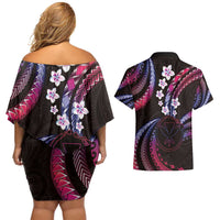 Hawaii Map Kanaka Maoli Couples Matching Off Shoulder Short Dress and Hawaiian Shirt Fantastic Frangipani Sweet Dream