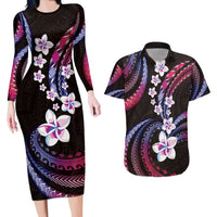 Hawaii Plumeria Couples Matching Long Sleeve Bodycon Dress and Hawaiian Shirt Sweet Gradient Polynesian Pattern LT01 Pink - Polynesian Pride