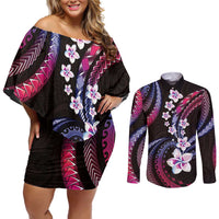 Hawaii Plumeria Couples Matching Off Shoulder Short Dress and Long Sleeve Button Shirt Sweet Gradient Polynesian Pattern LT01 Pink - Polynesian Pride