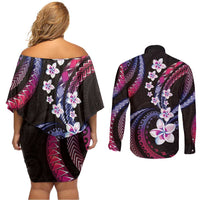 Hawaii Plumeria Couples Matching Off Shoulder Short Dress and Long Sleeve Button Shirt Sweet Gradient Polynesian Pattern LT01 - Polynesian Pride