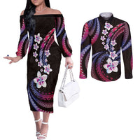 Hawaii Plumeria Couples Matching Off The Shoulder Long Sleeve Dress and Long Sleeve Button Shirt Sweet Gradient Polynesian Pattern LT01 Pink - Polynesian Pride
