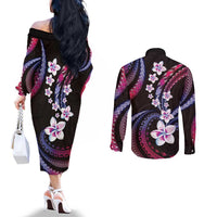 Hawaii Plumeria Couples Matching Off The Shoulder Long Sleeve Dress and Long Sleeve Button Shirt Sweet Gradient Polynesian Pattern LT01 - Polynesian Pride