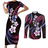 Hawaii Plumeria Couples Matching Short Sleeve Bodycon Dress and Long Sleeve Button Shirt Sweet Gradient Polynesian Pattern LT01 Pink - Polynesian Pride