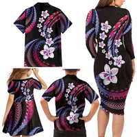 Hawaii Plumeria Family Matching Long Sleeve Bodycon Dress and Hawaiian Shirt Sweet Gradient Polynesian Pattern