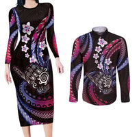 Hawaii Shaka Sign Couples Matching Long Sleeve Bodycon Dress and Long Sleeve Button Shirt Fantastic Frangipani Sweet Vibes