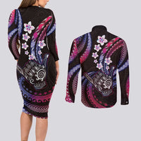 Hawaii Shaka Sign Couples Matching Long Sleeve Bodycon Dress and Long Sleeve Button Shirt Fantastic Frangipani Sweet Vibes