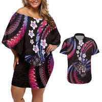 Hawaii Shaka Sign Couples Matching Off Shoulder Short Dress and Hawaiian Shirt Fantastic Frangipani Sweet Vibes